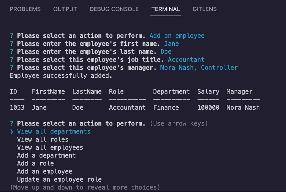 Terminal screenshot showing an employee being added