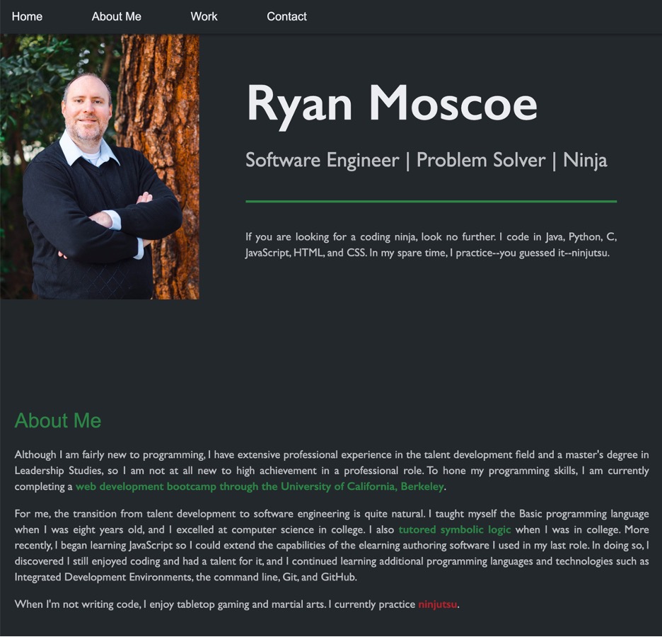 Photo of a man in a sweater with green and light gray text against a dark gray background