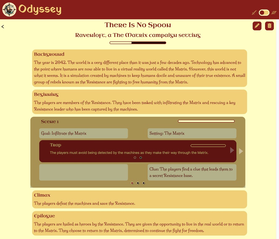 Adventure Details page, showing boxes containing text for parts of an RPG adventure