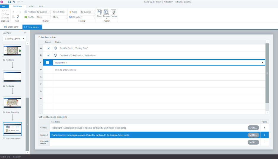 Screenshot of Storyline showing the Question Choices screen for a freeform question