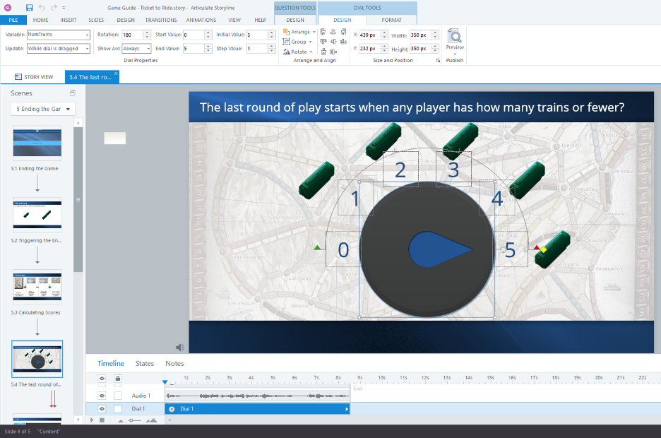 Screenshot of Storyline showing a slide with 5 plastic trains around a dial