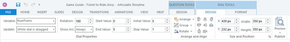 Screenshot of Storyline showing the Ribbon with the Dial Tools tab active