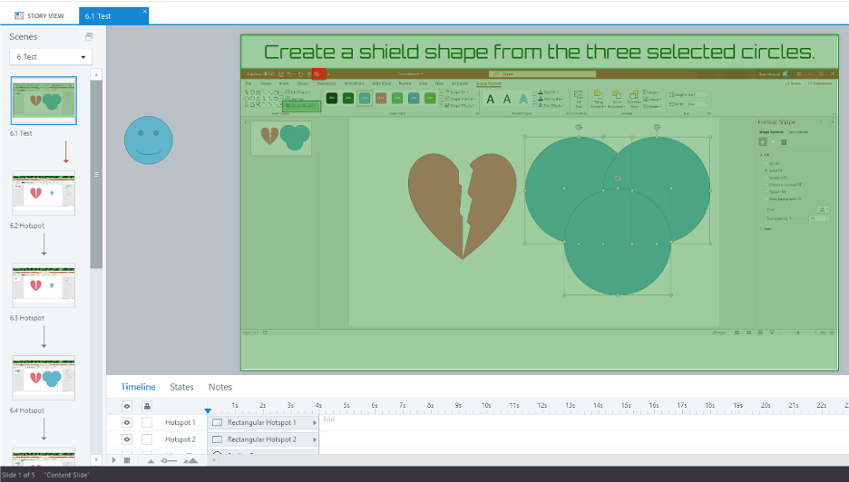 Screenshot of Storyline showing a slide with a screenshot of PowerPoint covered by a translucent green rectangle