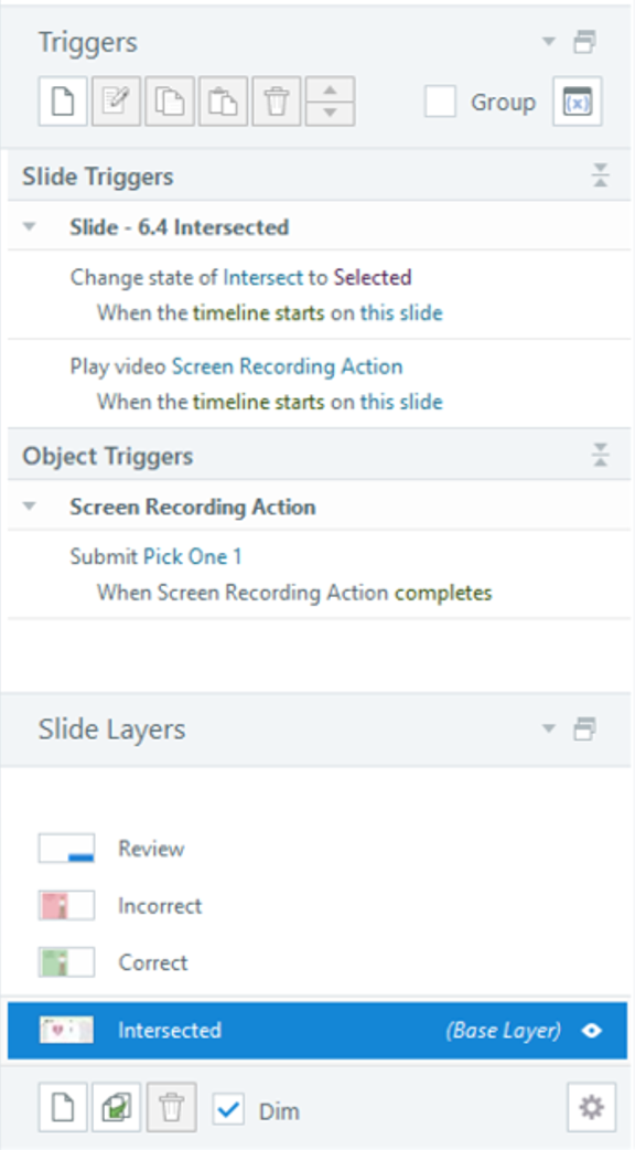 Screenshot of Storyline showing the Triggers and Layers panes