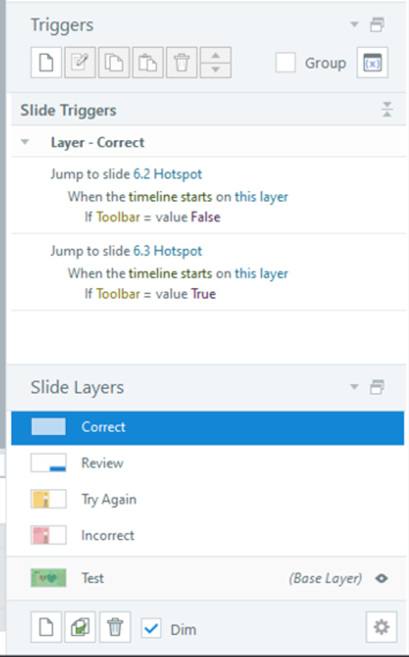 Screenshot of Storyline showing the Triggers and Layers panes
