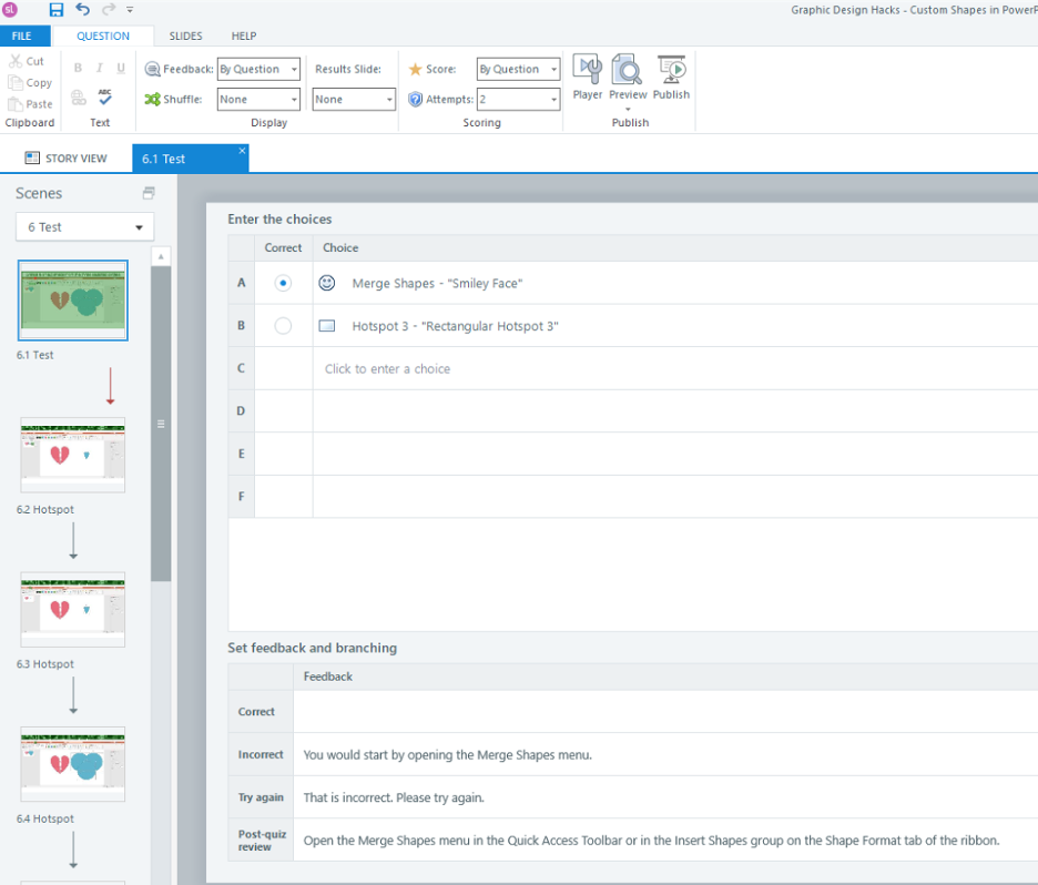 Screenshot of Storyline showing the Question Choices screen