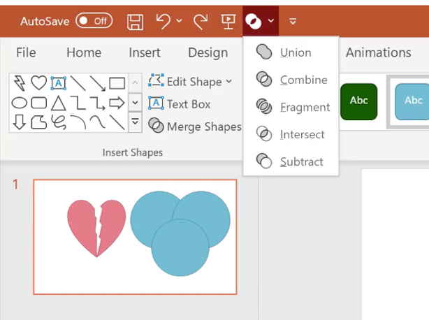 Screenshot of PowerPoint showing the Merge Shapes menu in the ribbon