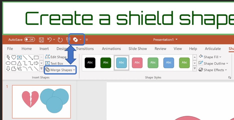 Screenshot of Storyline showing a slide with a screenshot of PowerPoint highlighting the Merge Shapes buttons in the ribbon