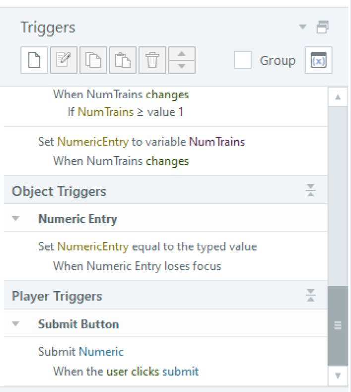 Screenshot of Storyline showing the Triggers pane