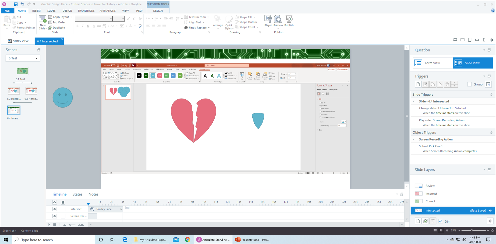 Screenshot of Storyline showing a slide with a screenshot of PowerPoint with a broken pink heart and a cyan shield