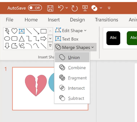 Screenshot of PowerPoint showing the Merge Shapes menu in the ribbon with the Union option highlighted