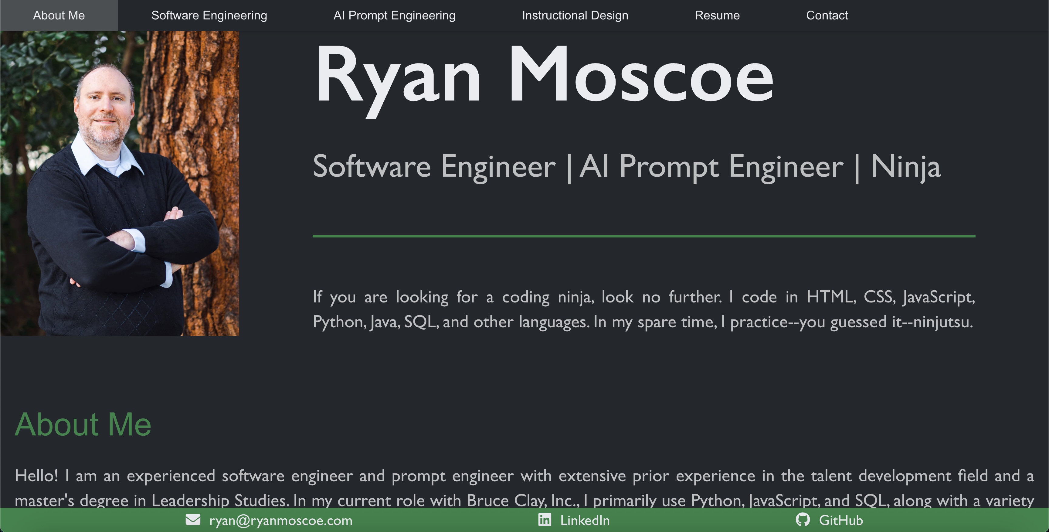 Homepage with photo of a man wearing a sweater with green and light gray text against a dark gray background