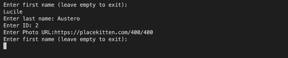 Screenshot showing text prompts in a command line application asking for a first name, last name, ID, and photo URL