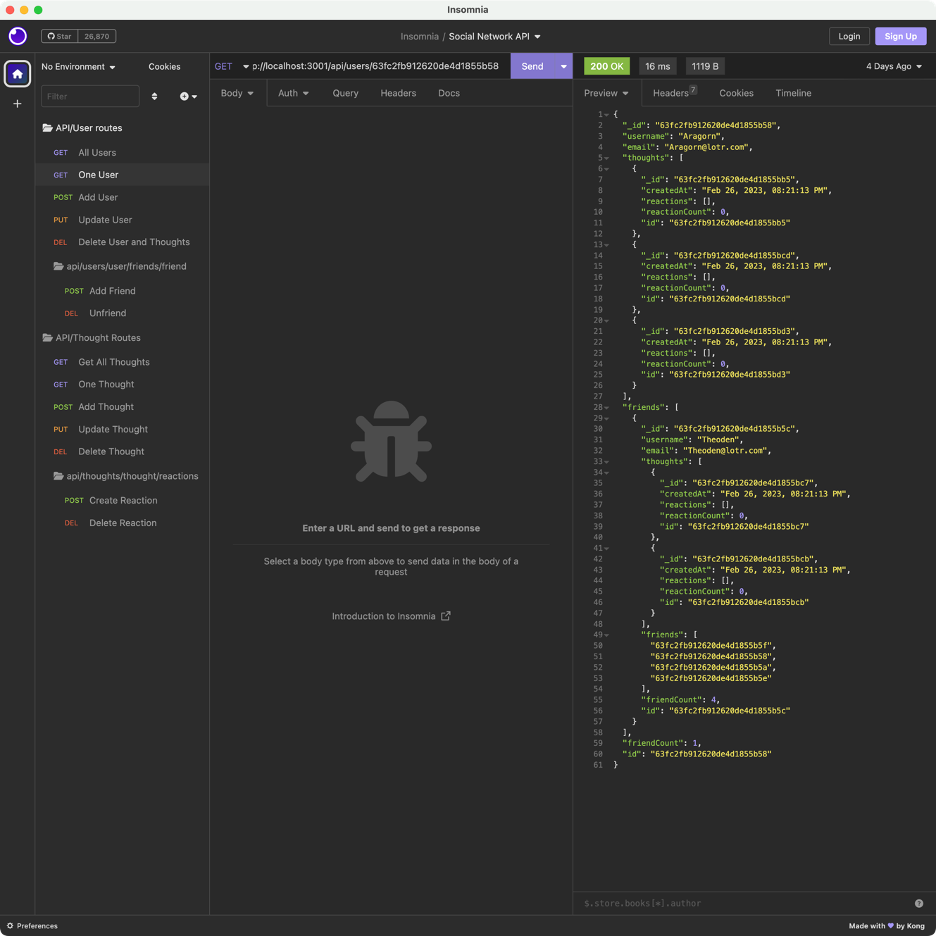 Screenshot showing API routes being tested in Insomnia